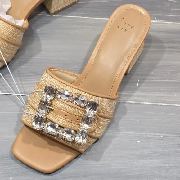 A New Day Kathleen Sandals Raffia Rhinestone Buckle Block Heel Mules Square Toe - Picture 3 of 15